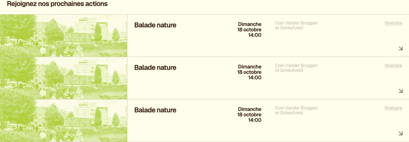 La liste Rejoignez nos prochaines actions, trois fois la carte Balade nature