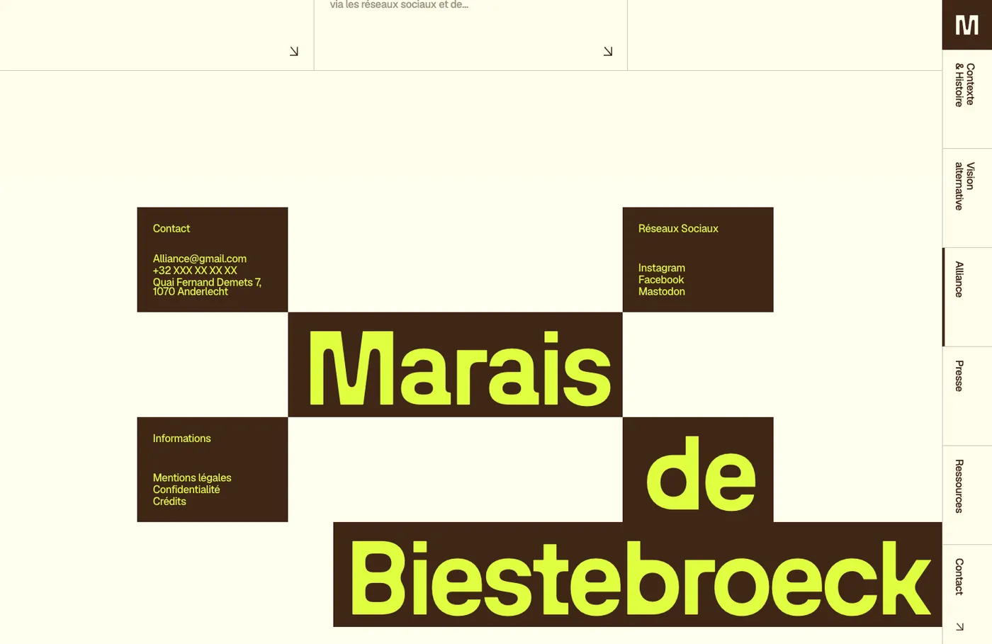 Le bas de la page Alliance : pied de page et menu à droite