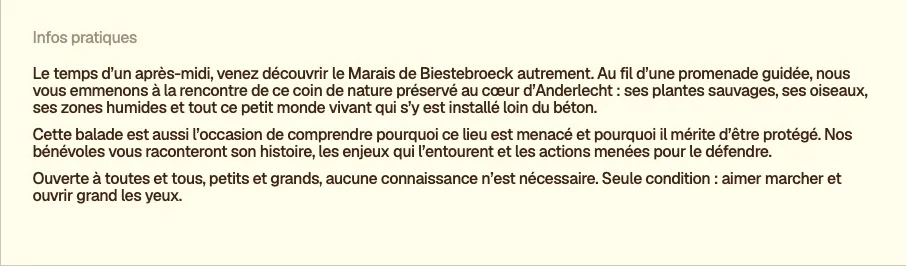 La section Infos pratiques de la fiche