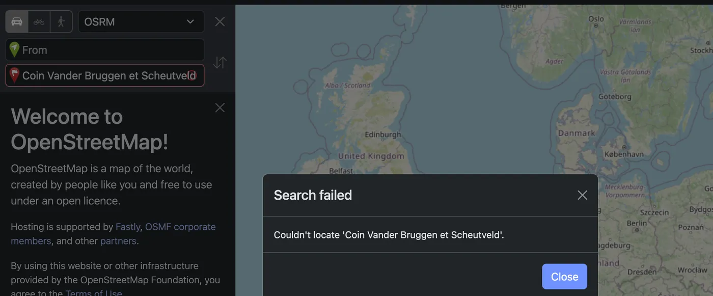 OpenStreetMap : Search failed, Couldn't locate Coin Vander Bruggen et Scheutveld