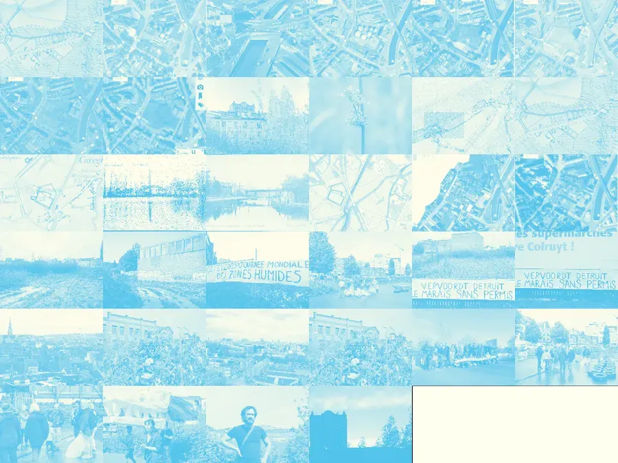 Mosaïque des 34 photos de la frise, toutes teintées en bleu clair par le filtre SVG.