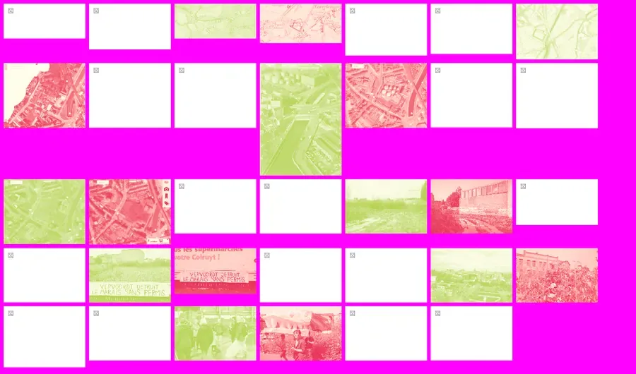 Grille de test de 34 photos : 16 photos teintées en rouge et en jaune, 18 rectangles blancs avec une icône d'image cassée.