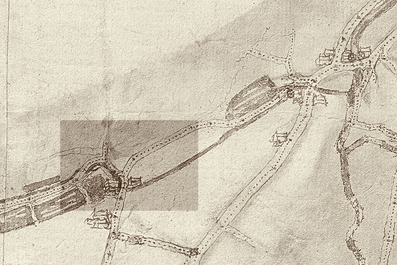 Carte de la vallée de la Senne vers 1550 par Jacob van Deventer, l’emplacement du marais surligné