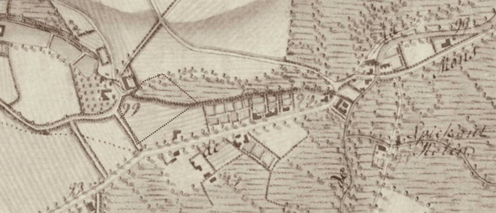 Extrait de la carte de Ferraris (1777) : champs, vergers, chemins et quelques bâtiments épars, l’emplacement du futur marais entouré d’un pointillé