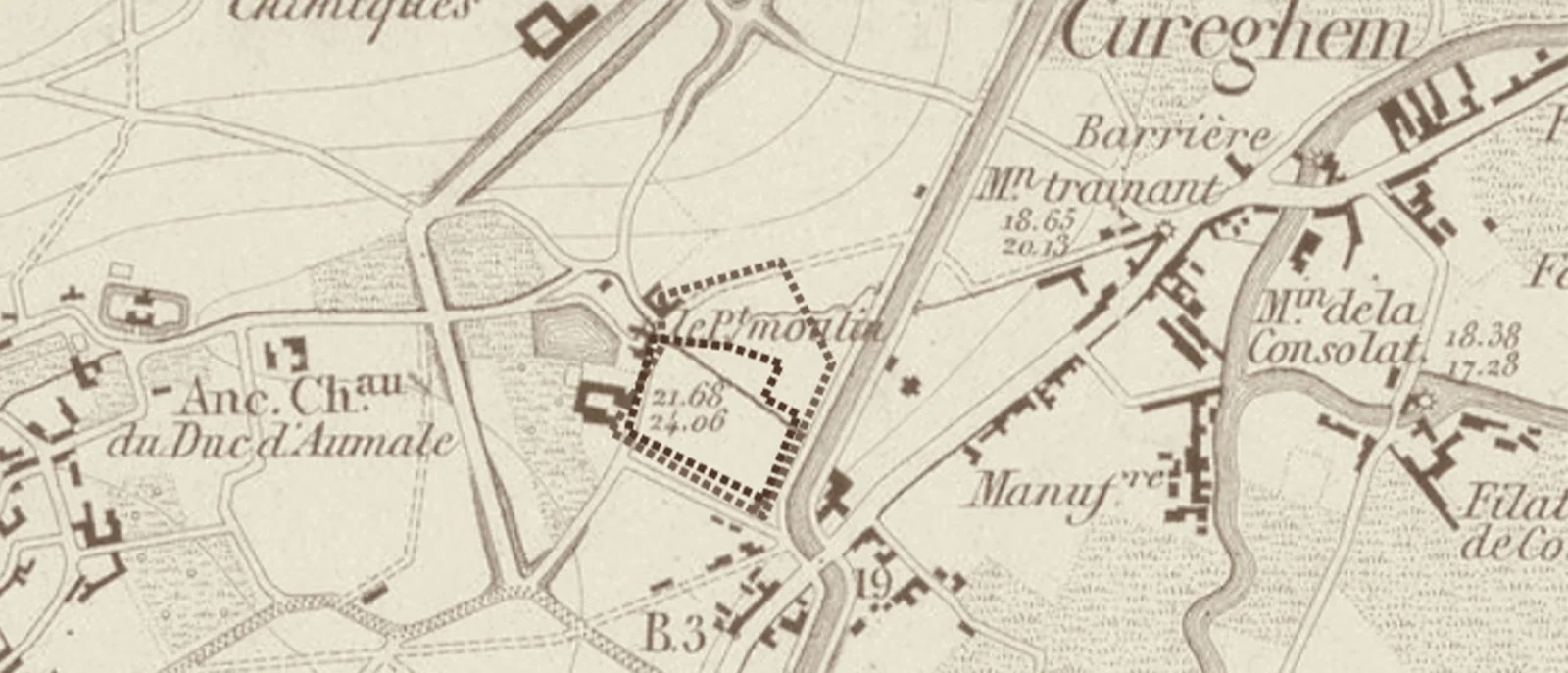 Extrait de la carte Huvenne de 1858 : le Petit Moulin entouré de pointillés, entre l’ancien château du duc d’Aumale et Cureghem